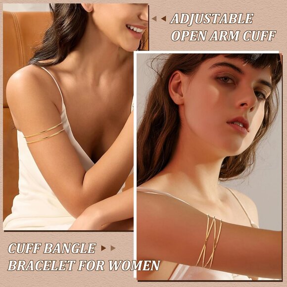 6Pcs Arm Cuff Gold Upper Arm Cuff Bracelet for Women Adjustable Open Cuff Bangle - Picture 6 of 6